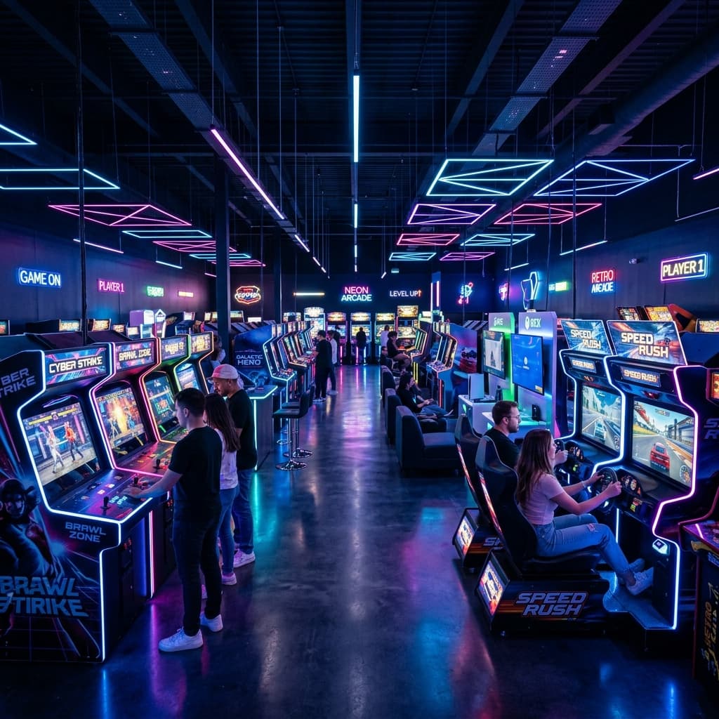 Interior de un salón de juegos moderno con slots y máquinas de apuestas